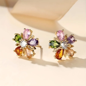 Golden five-petal flower stud earrings featuring colorful teardrop crystals and zircons