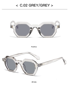 Detailed views of grey polygonal sunglasses showing the front and 45-degree angle