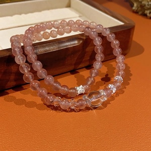 Elegant strawberry quartz double-layer beaded bracelet with silver star charms on leather