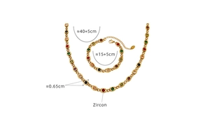 Detailed view of colorful zircon necklace and bracelet set with size measurements in cm
