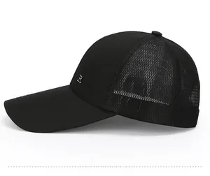 Side view of black mesh baseball cap featuring R letter embroidery and breathable fabric
