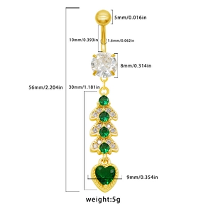 Detailed size chart of gold belly button ring with green heart zircon and white stone