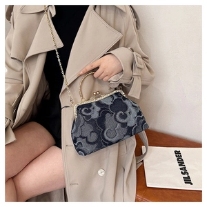 Detail of grey jacquard handbag with gold metal clasp and chain strap held by model