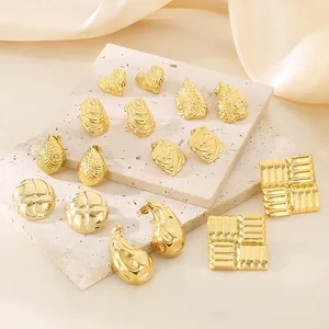 Minimalist Stainless Steel Stud Earrings For Women Hammered Relief Textured Geometric Heart Waterdrop Gold Silver Plated Jewelry