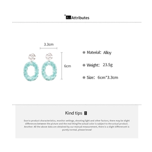 Detailed size specifications for light blue oval woven texture drop earrings in alloy