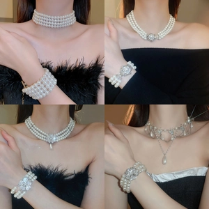 Bijoux Style Palais Collier Et Boucles D'Oreilles Et Bracelet Künstliche Perles Imitation Strass Luxe Vintage Elégant Pour Femme Avec Tige De Boucle D'Oreille En Argent