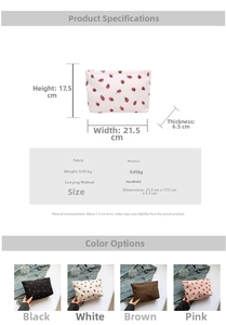 Size chart and color options for strawberry print cloth storage bags in four colors