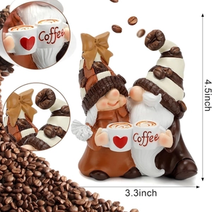 Pair of coffee-themed resin gnomes home decor with heart mugs and bean accents