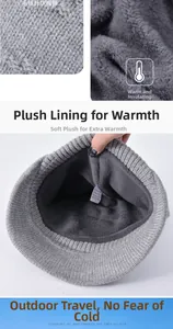 Close-up of grey knit beanie with thick fleece lining and detailed texture display