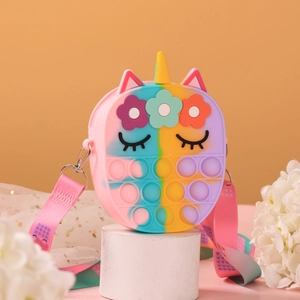 Unicorn cartoon silicone crossbody bag for children with pop fidget toy bubbles