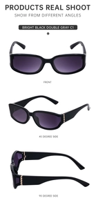 Three-angle product view of square black sunglasses including front and side profiles
