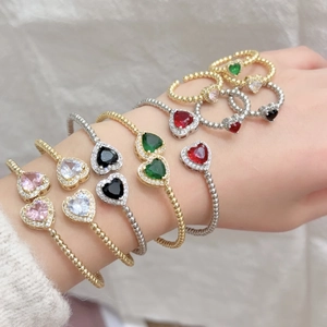 Copper 18K Gold Plated Adjustable Heart Zirconia Bracelet And Ring Set For Women Luxury Pave Rhinestone Fashion Jewelry Set
