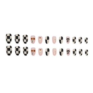 Halloween checkerboard press-on nails set featuring cartoon ghosts and pumpkin illustrations