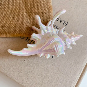 Detailed view of shell-shaped acrylic hair claw with iridescent pearl finish texture