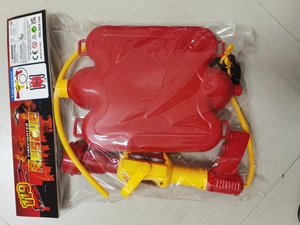 Detail of firefighter backpack water gun toy with red tank and yellow spray gun nozzle