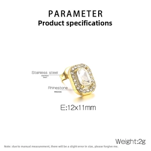 Detail view of 18k gold plated stainless steel square stud earring with zircon