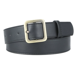 Classic black PU leather belt with gold square buckle for women, minimalist chic accessory