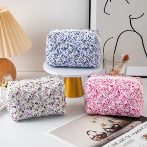 Quilted floral makeup bag set in blue and purple, large travel organizer with zipper