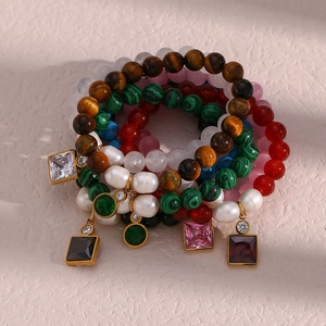 Stainless Steel Natural Stone Beaded Bracelet For Women Zirconia Pendant Artificial Pearl Malachite Onyx Fashion Ins Jewelry