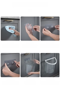 Step-by-step installation guide for wall-mounted transparent kitchen trash bin using adhesive
