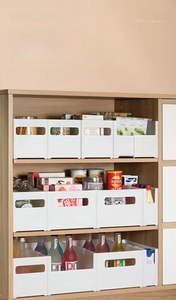 Modern white plastic kitchen cabinet storage bins in various sizes with side handles