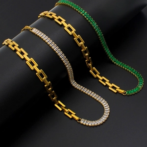 18K gold plated stainless steel necklace with green and white zircon crystal pendants
