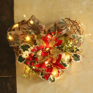 Heart Shaped Christmas Wreath Rattan Hanging Ornament Warm LED Light Poinsettia Linen Ribbon Berries Front Door Festive Decor