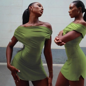 Off Shoulder Slim Fit Ruched Mini Dress Bodycon Sexy Olive Green Sleeveless Summer Party Wear For Women