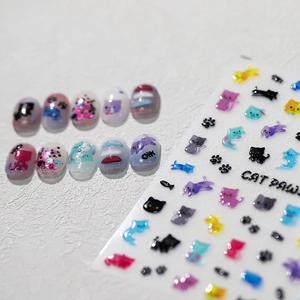 3D Relief Nail Art Stickers Cute Cartoon Cat Paws Fish Bone Design Embossed Manicure Decals Self Adhesive DIY For Women Girl Beauty