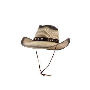 Vintage Western Cowboy Straw Hat For Men Women Gradient Sunshade Outdoor Knight Hat With Rivet Leather Band Adjustable Windproof Cord