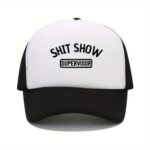 Detail of the breathable black mesh back and Shit Show Supervisor print on trucker hat