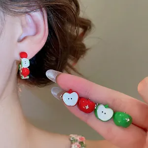 Apple Fruit Earrings Ring Enamel Alloy Stud Hoops Adjustable Finger Jewelry With Silver Earring Post Women Girls Sweet