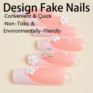 Pink and white French long square press on nails with 3D white flowers and butterfly