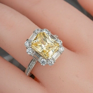 Radiant cut yellow zircon halo ring with silver pave band for women engagement