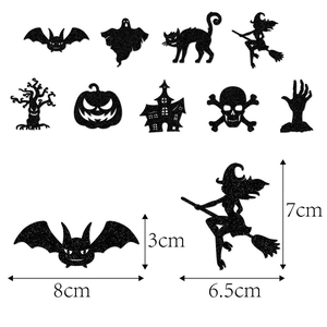 Glittery Halloween straw toppers with bat and witch silhouettes and product dimensions