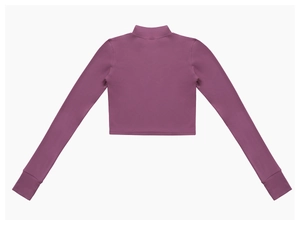 Détail du haut court à manches longues violet foncé pour le sport avec poignets