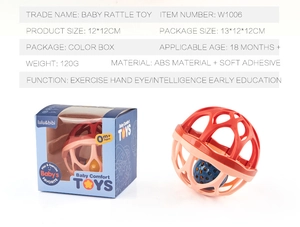 Detail of baby rattle ball with ABS soft glue loops and window box packaging