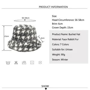 Houndstooth faux rabbit fur bucket hat for winter warmth with size chart and 56-58cm brim details