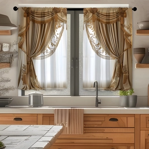 Detail of elegant gold kitchen cafe curtains with luxury embroidery and tassel fringes