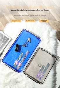 Detail view of luxury acrylic tray with metallic handles for home organization