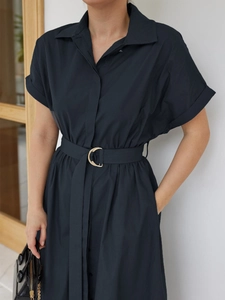 Detail of navy blue cotton shirt dress featuring shirt collar and belt with golden buckle