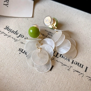 Fresh green bead earrings with layered white translucent disc charms in gold finish