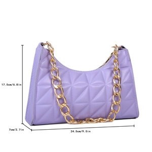Purple quilted faux leather shoulder bag with gold chain and detailed dimensions