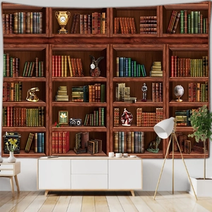 Detailed macro view of 3D realistic vintage bookshelf tapestry with globe and typewriter