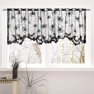 Detail of black lace Halloween window valance featuring spider web and bat edge designs