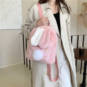 Cute pink plush rabbit backpack with ears and adjustable straps for girls