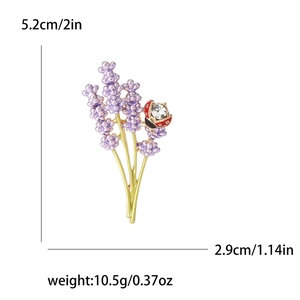 Classic lavender and ladybug brooch with crystals on white background, 5.2cm x 2.9cm