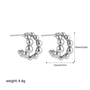 Detailed view of silver beaded C-shape earrings with precise size and weight measurements