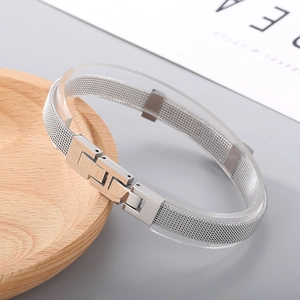Men's silver stainless steel mesh bracelet featuring a polished H-shaped clasp buckle