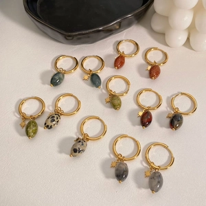 Boucles D'oreilles Créoles Vintage En Pierre Naturelle Pour Femmes Acier Inoxydable Plaqué Or Pendentif Étoile